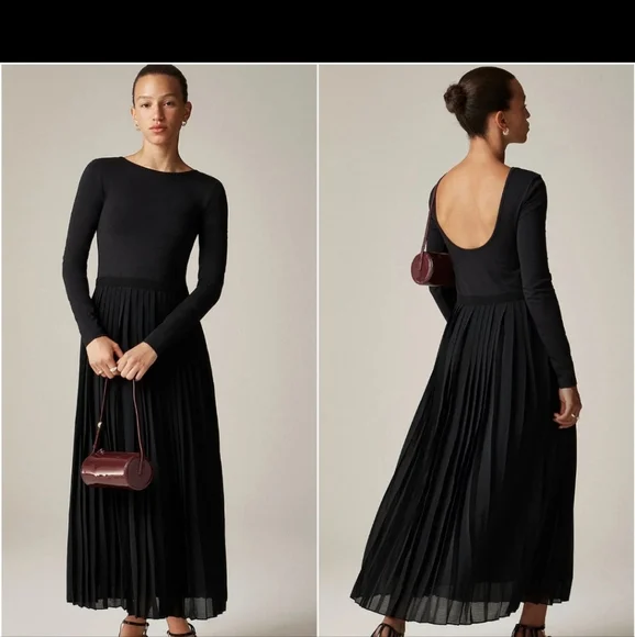 J. Crew Pleated Ballet Maxi Dress Stretch Cotton Long Sleeve Black Medium NWT - Picture 1 of 9
